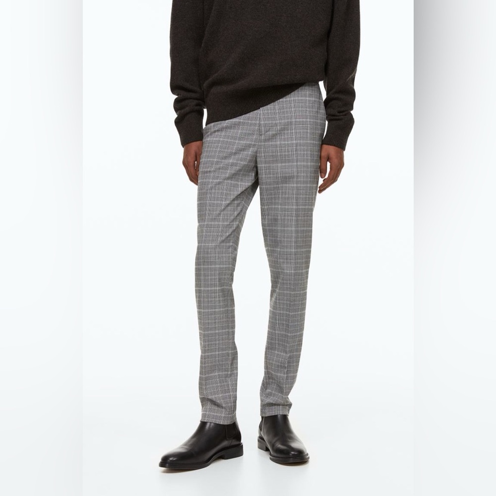 Sz 34R H&M Men's trousers grey skinny fit plaid white&black - Picture 2 of 16
